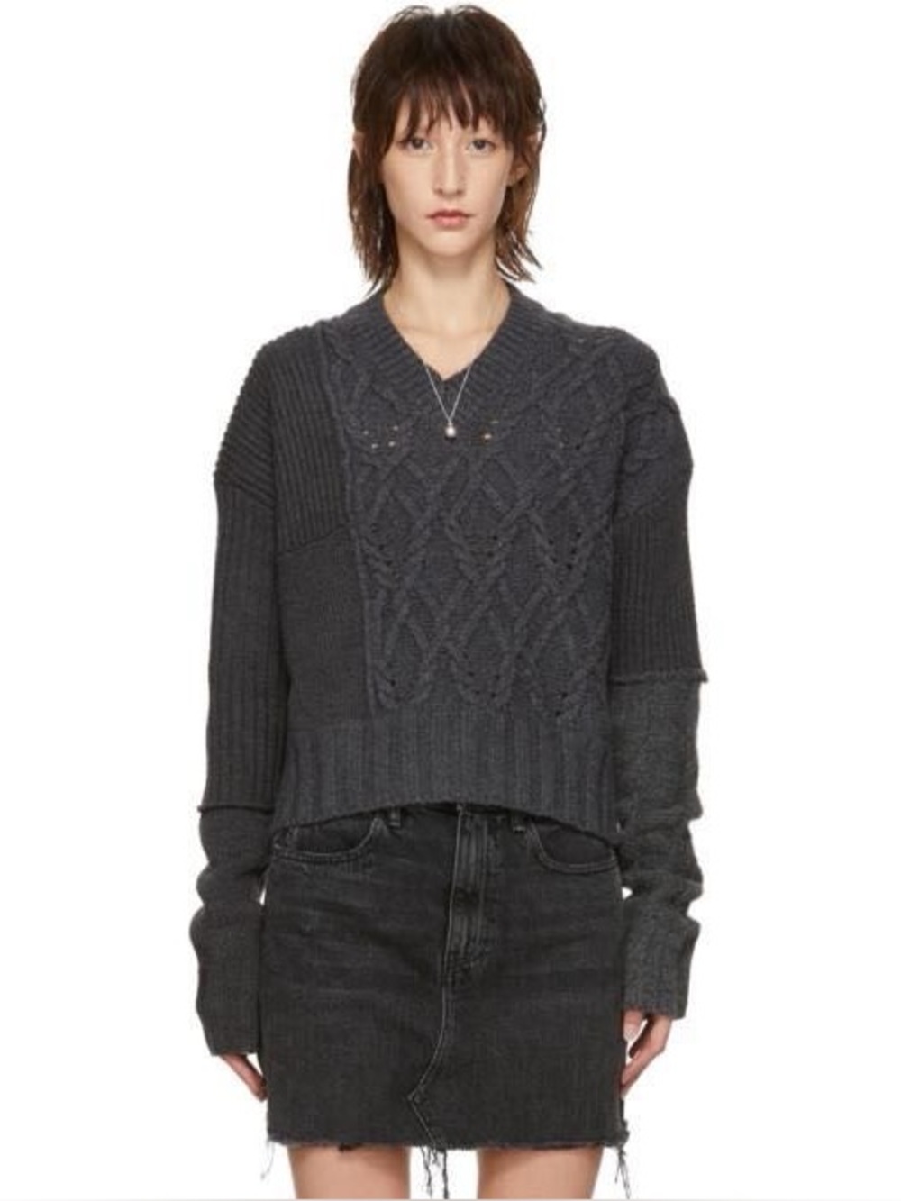 McQ Alexander McQueen Grey Patched Cable V-Neck Sweater xs